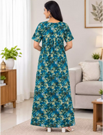 Cotton Floral Printed Front Zipper Pleated Women Nighty with Side Pocket - Mangai Nighties