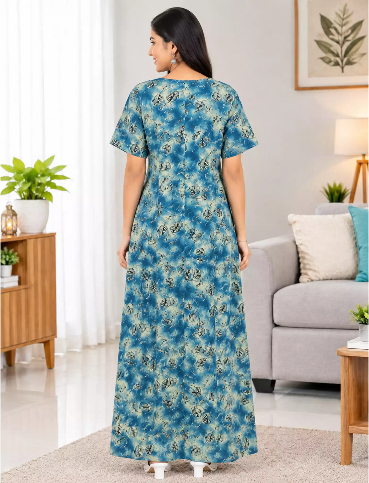 Women Leaf Printed Cotton Front Zip Pleated Nighty with Side Pocket - Mangai Nighties