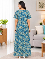 Women Leaf Printed Cotton Front Zip Pleated Nighty with Side Pocket - Mangai Nighties