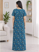 Cotton Foliage Printed Front Zip Nighty with Pleated Style - Mangai Nighties