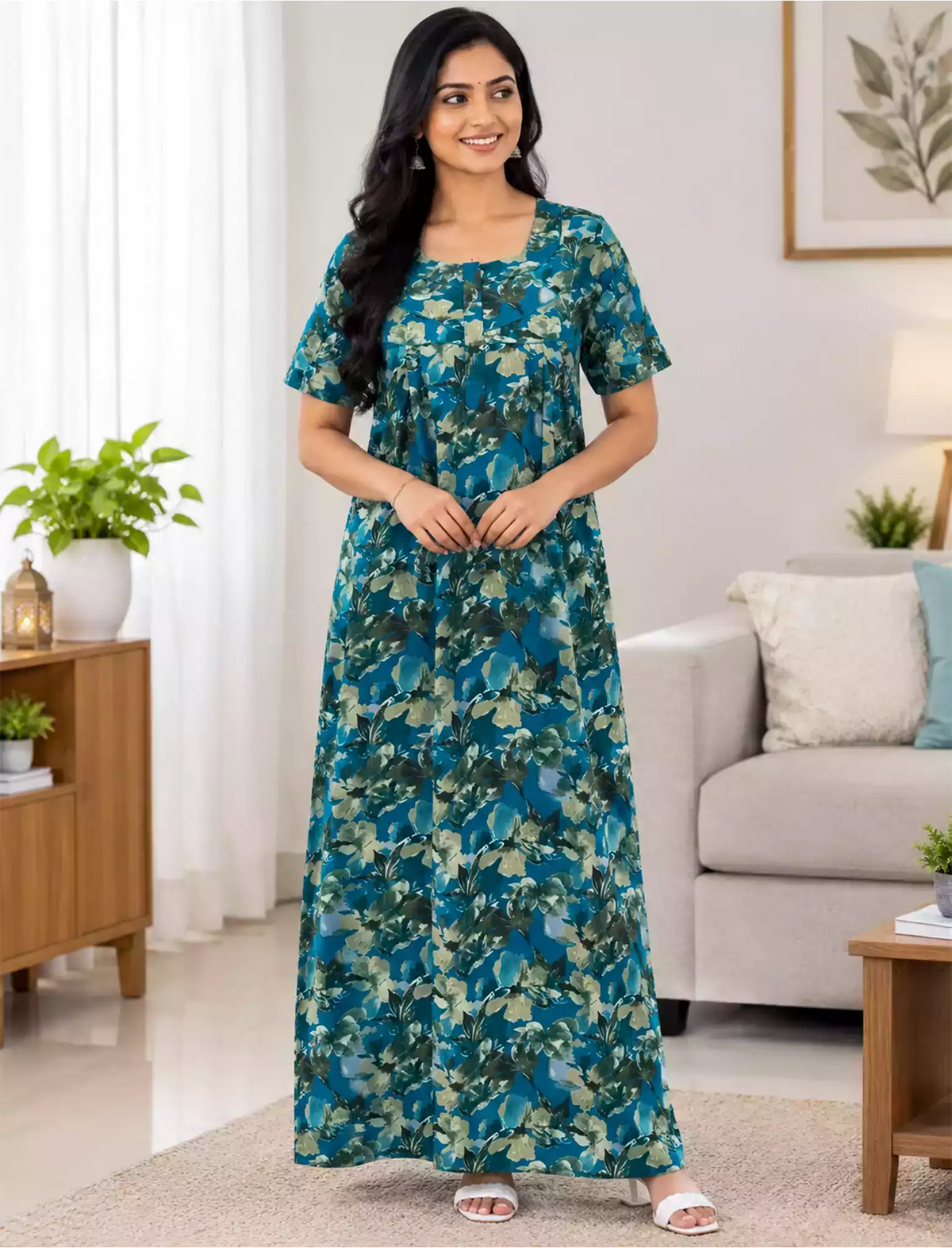 Cotton Floral Printed Front Zipper Pleated Women Nighty with Side Pocket - Mangai Nighties