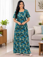 Cotton Floral Printed Front Zipper Pleated Women Nighty with Side Pocket - Mangai Nighties