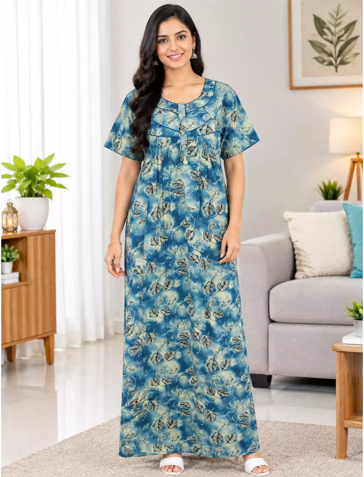 Women Leaf Printed Cotton Front Zip Pleated Nighty with Side Pocket - Mangai Nighties
