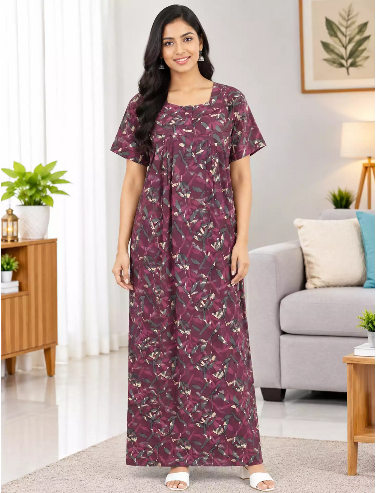 Cotton Foliage Printed Front Zip Nighty with Pleated Style - Mangai Nighties
