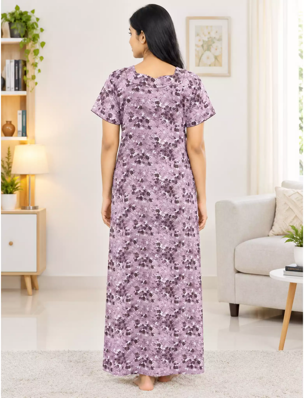 Women Floral Printed Cotton Zipless Front Lace Nighty | Mangai Nighties