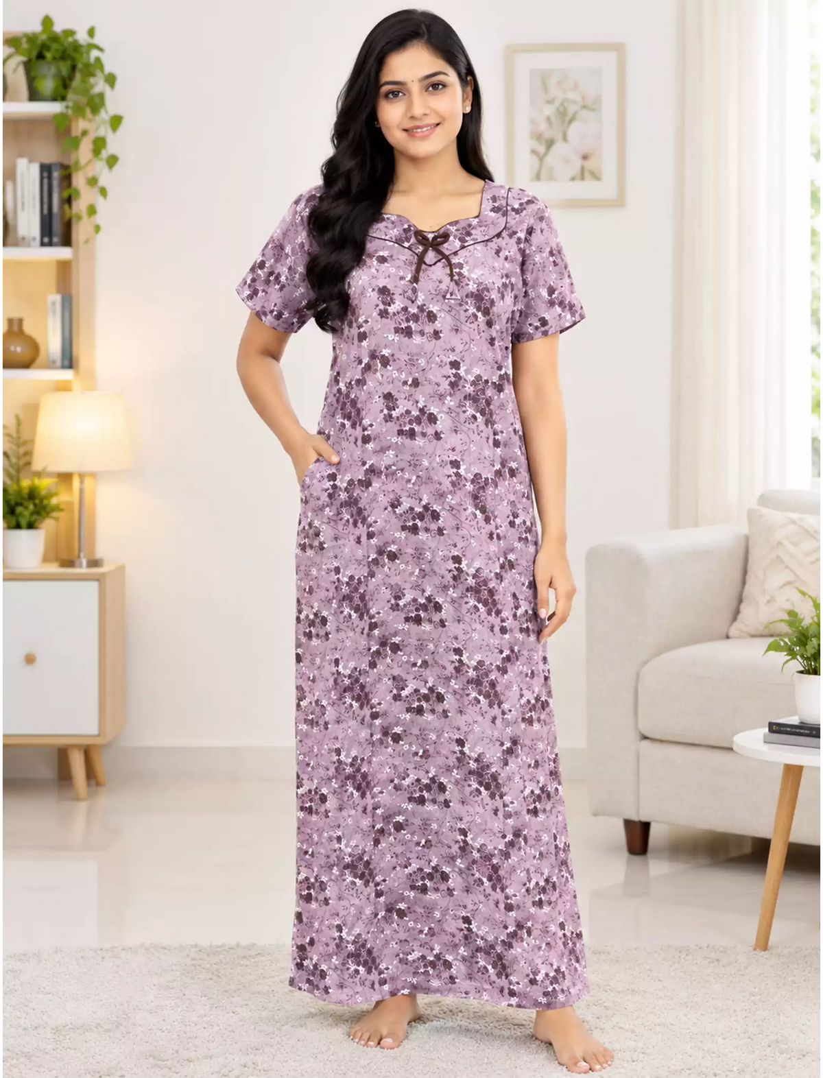 Women Floral Printed Cotton Zipless Front Lace Nighty | Mangai Nighties