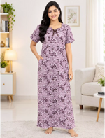 Women Floral Printed Cotton Zipless Front Lace Nighty | Mangai Nighties