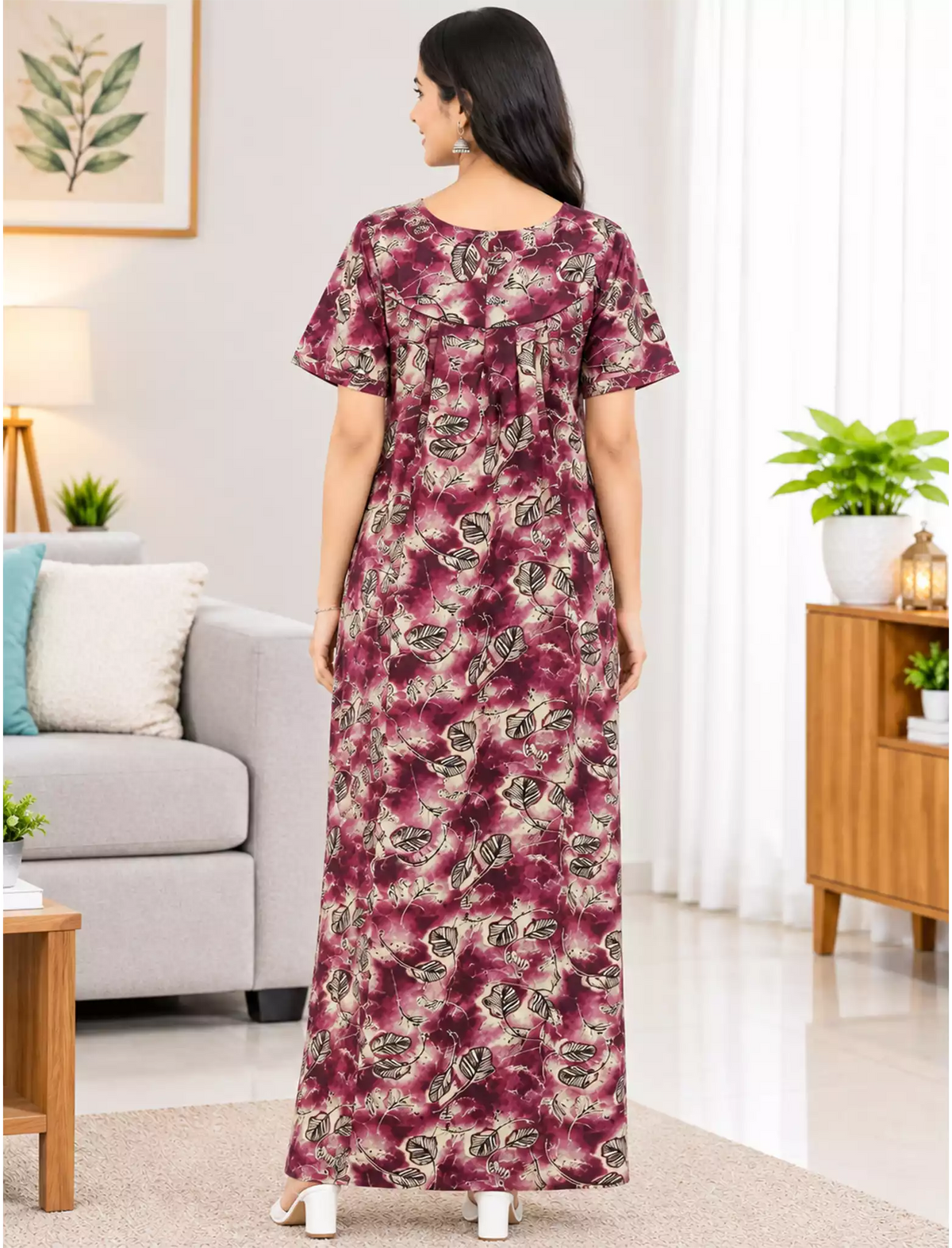 Women Leaf Printed Cotton Front Zip Pleated Nighty with Side Pocket - Mangai Nighties