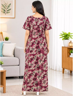 Women Leaf Printed Cotton Front Zip Pleated Nighty with Side Pocket - Mangai Nighties