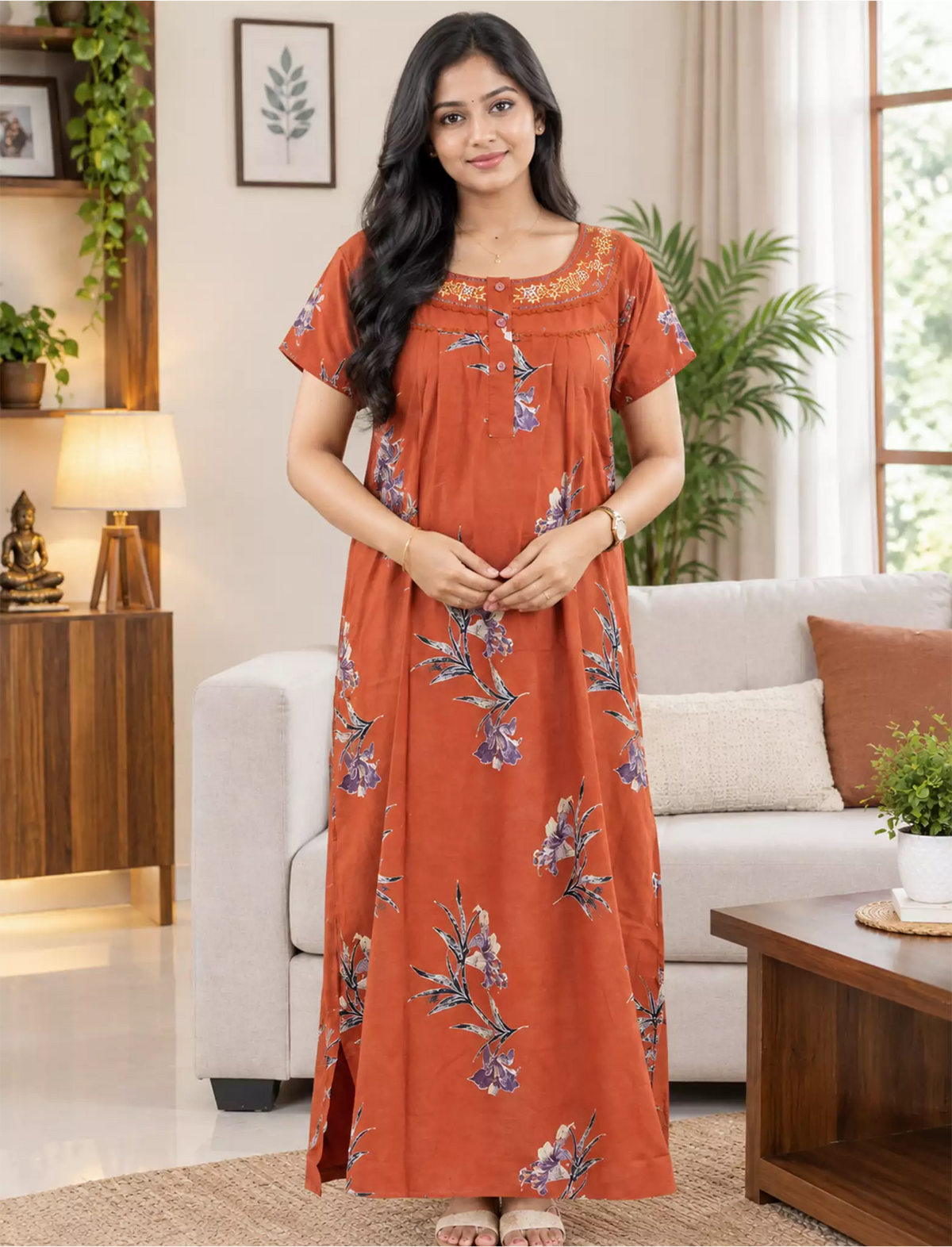 MANGAI Alpine Premium Embroidery Work Nighty for Women | Zipless Pleated Model | Beautiful Printed Design | Comfortable Premium Nightwear (CMC)