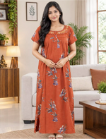 MANGAI Alpine Premium Embroidery Work Nighty for Women | Zipless Pleated Model | Beautiful Printed Design | Comfortable Premium Nightwear (CMC)