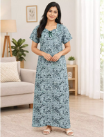 Women Floral Printed Cotton Zipless Front Lace Nighty | Mangai Nighties