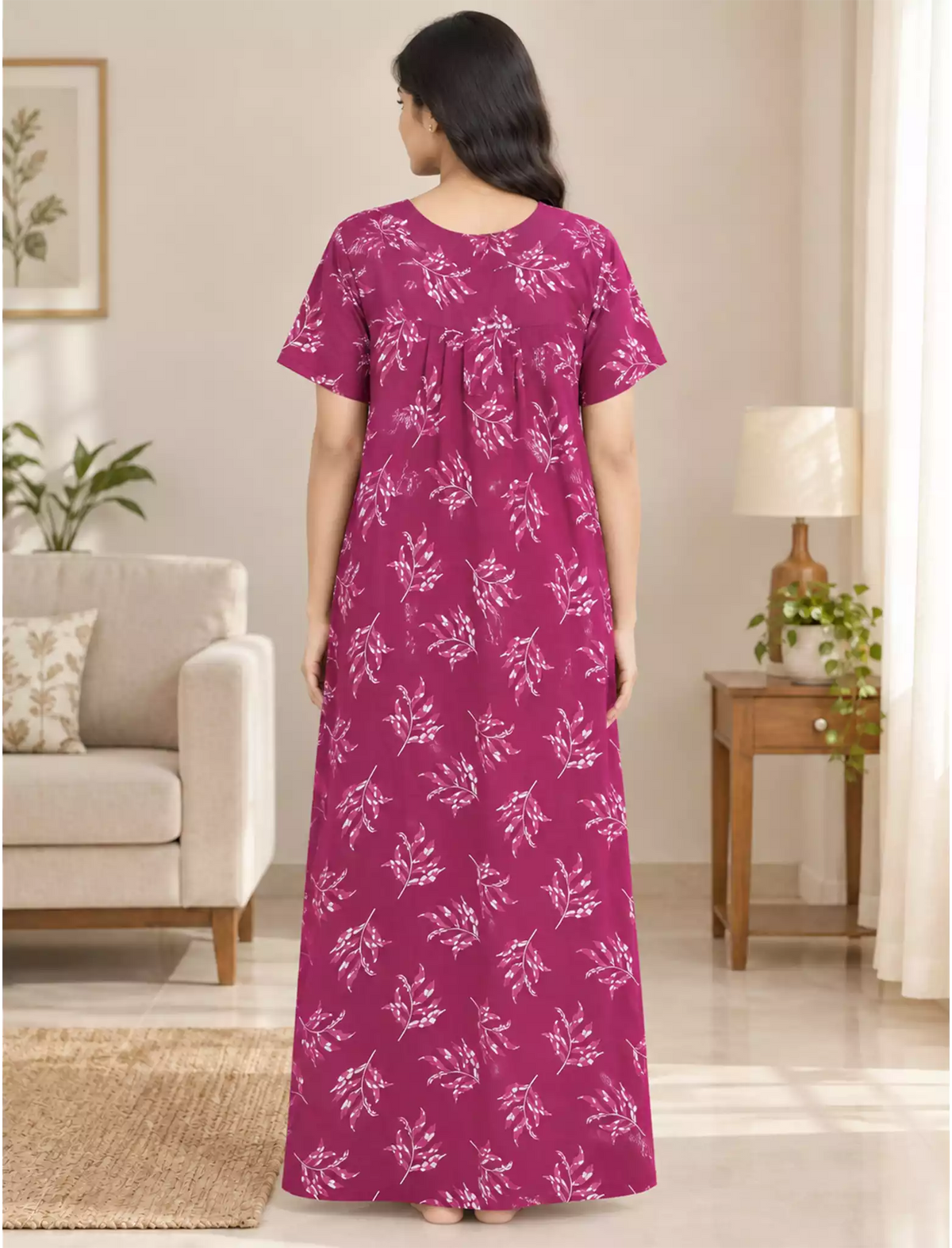 Women Vine Printed Cotton Front Zip Pleated Nighty with Side Pocket - Mangai Nighties