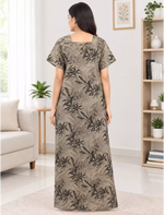 Women Leaf Printed Cotton Zipless Front Lace Nighty with Side Pocket | Mangai Nighties