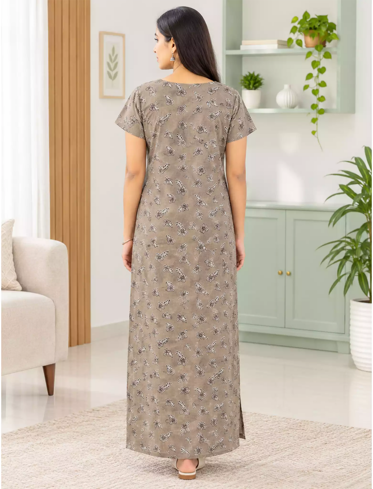 Cotton Floral Printed Front Zip Pleated Nighty with Side Pocket | Mangai Nighties