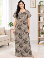 Women Leaf Printed Cotton Zipless Front Lace Nighty with Side Pocket | Mangai Nighties