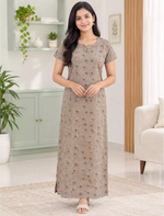 Cotton Floral Printed Front Zip Pleated Nighty with Side Pocket | Mangai Nighties