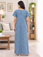 Cotton Floral Printed Front Zip Pleated Nighty with Side Pocket | Mangai Nighties