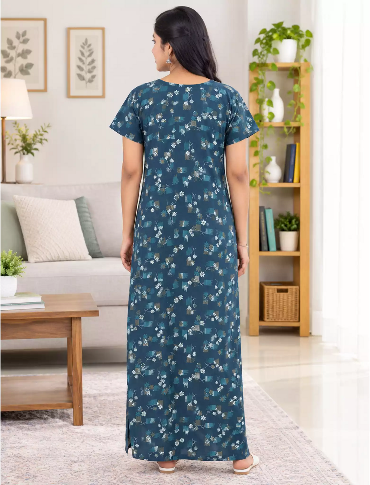 Cotton Floral Printed Cotton Front Zip Pleated Daily Wear Nighty | Mangai Nighties
