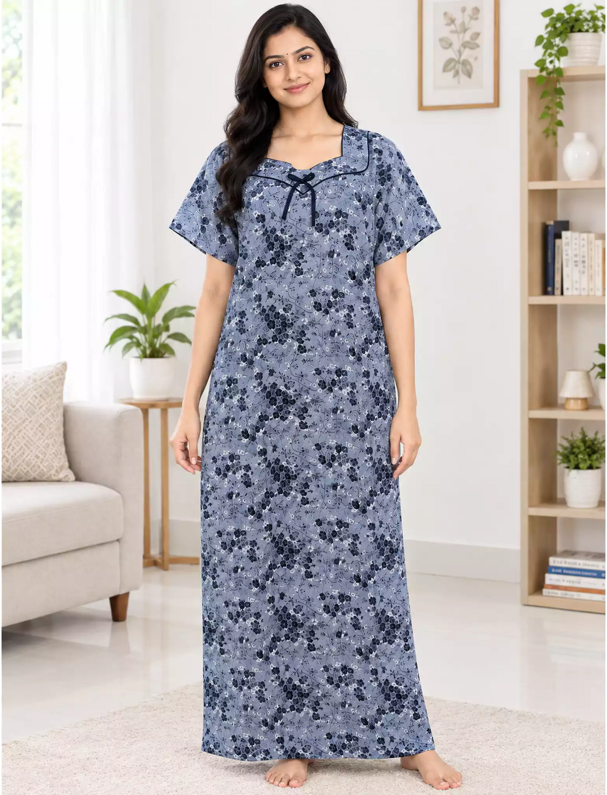 Women Floral Printed Cotton Zipless Front Lace Nighty | Mangai Nighties