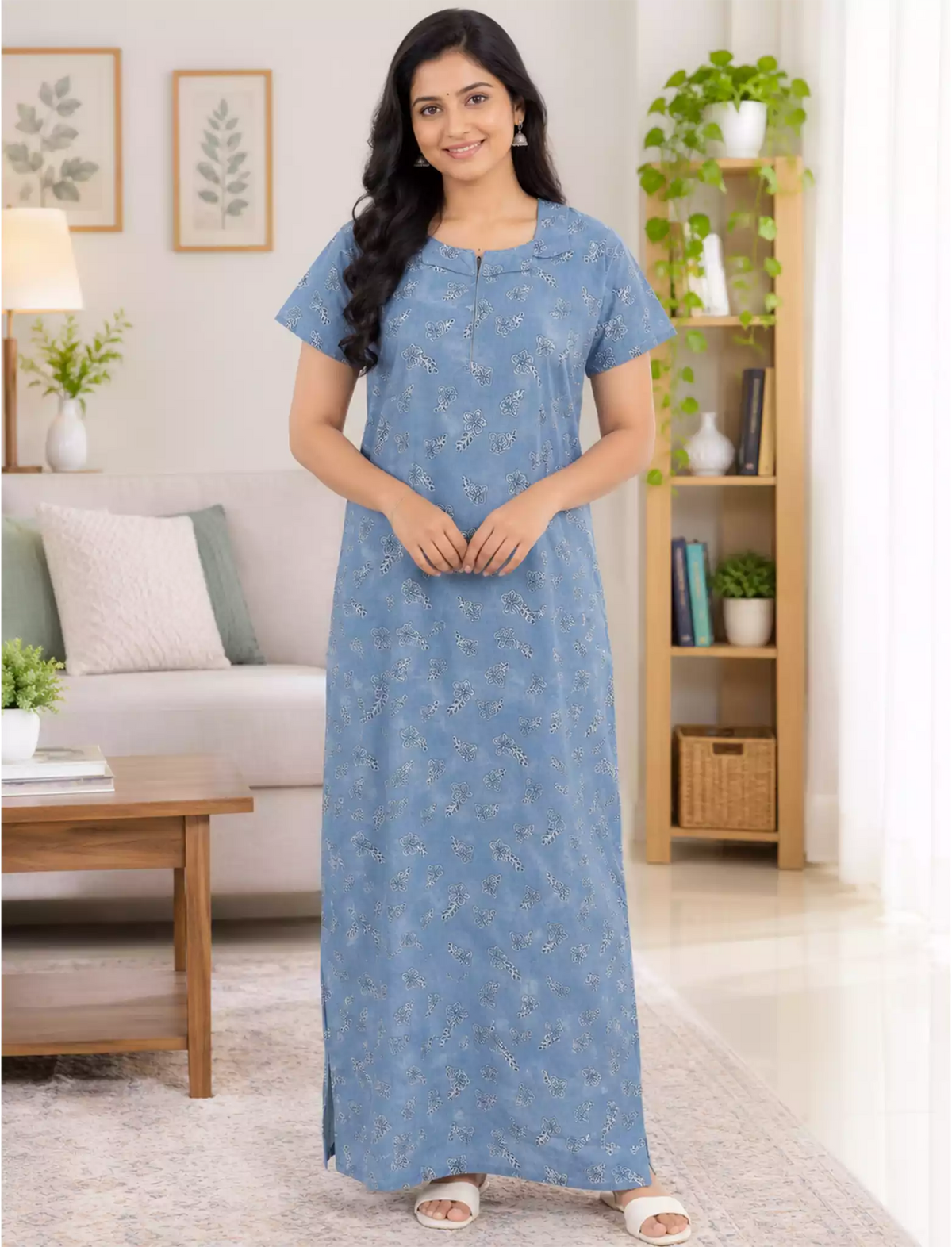 Cotton Floral Printed Front Zip Pleated Nighty with Side Pocket | Mangai Nighties