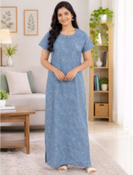 Cotton Floral Printed Front Zip Pleated Nighty with Side Pocket | Mangai Nighties