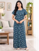 Cotton Floral Printed Cotton Front Zip Pleated Daily Wear Nighty | Mangai Nighties