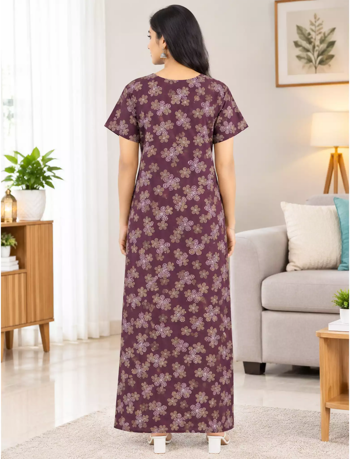 Women Floral Printed Cotton Front Zip Pleated Nighty with Side Pocket | Mangai Nighties