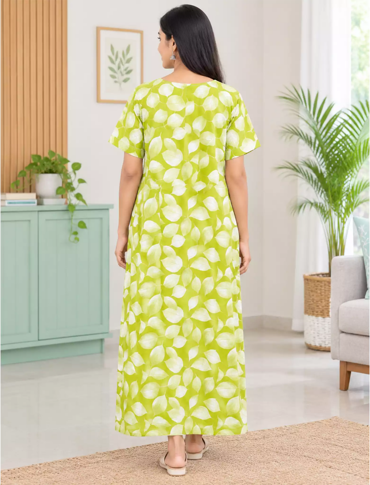 Soft Cotton Green Leaf Printed Zipless Half Sleeve Pleated Nighty | Mangai Nighties