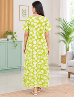 Soft Cotton Green Leaf Printed Zipless Half Sleeve Pleated Nighty | Mangai Nighties
