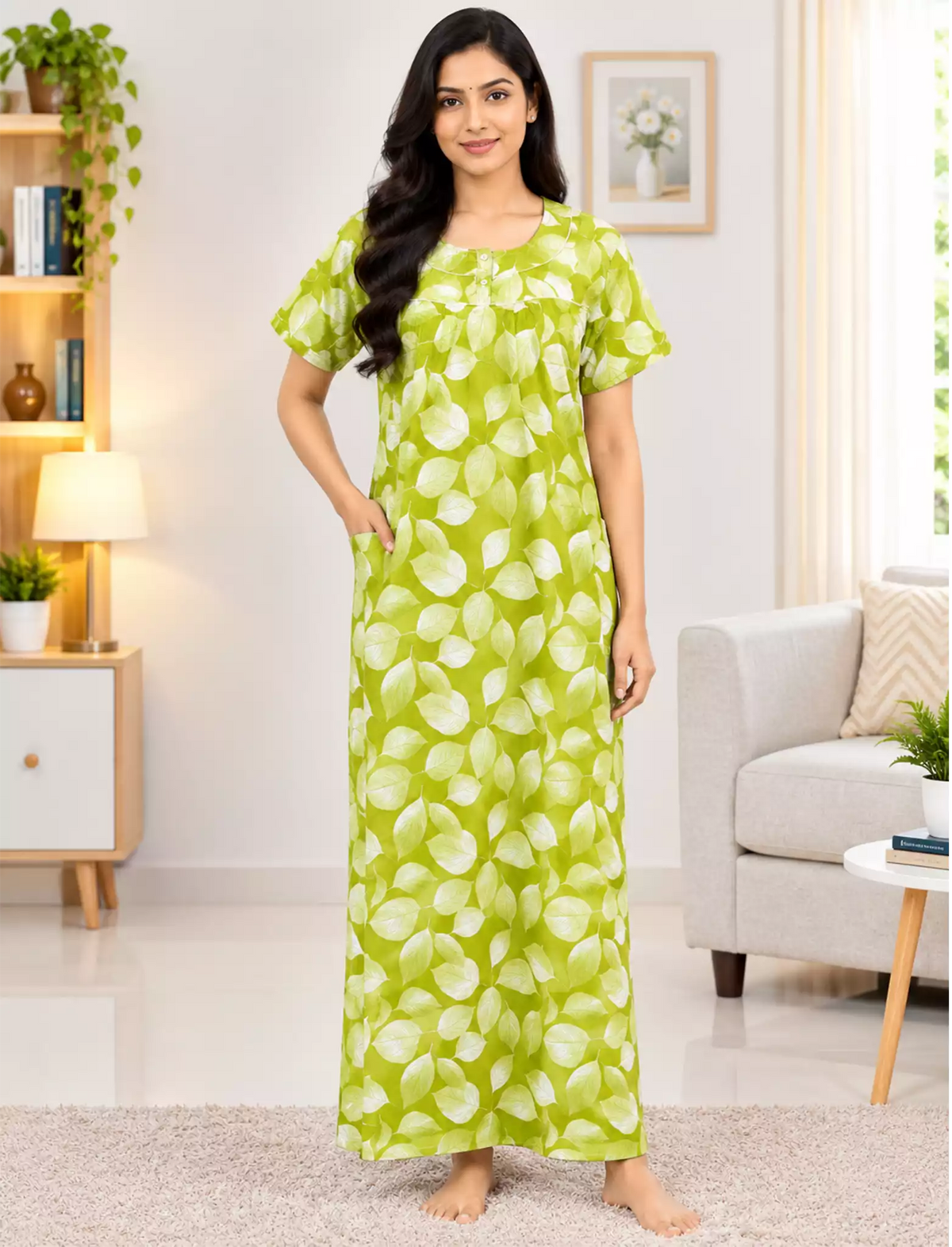 Soft Cotton Green Leaf Printed Zipless Half Sleeve Pleated Nighty | Mangai Nighties