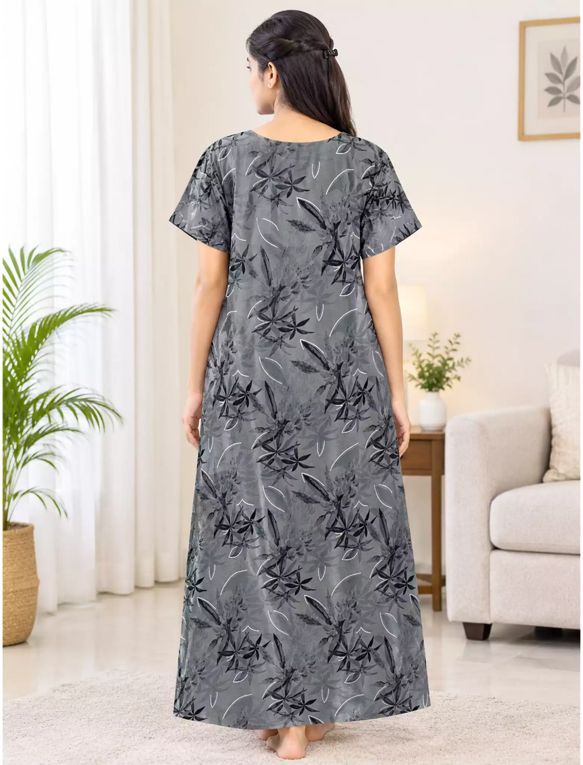 Women Leaf Printed Cotton Zipless Front Lace Nighty with Side Pocket | Mangai Nighties