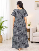 Women Leaf Printed Cotton Zipless Front Lace Nighty with Side Pocket | Mangai Nighties