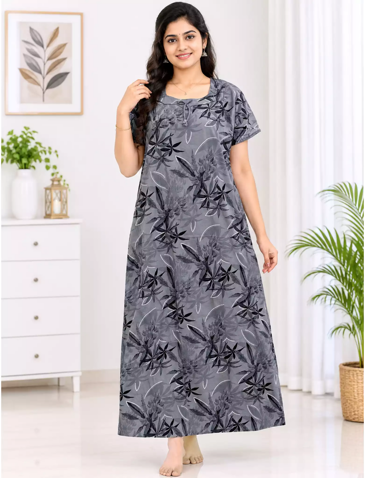 Women Leaf Printed Cotton Zipless Front Lace Nighty with Side Pocket | Mangai Nighties