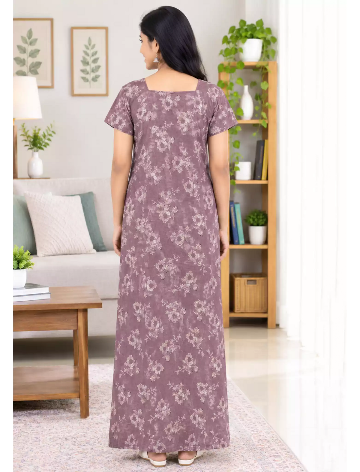 Women Floral Printed Cotton Zipless Front Lace Nighty | Mangai Nighties