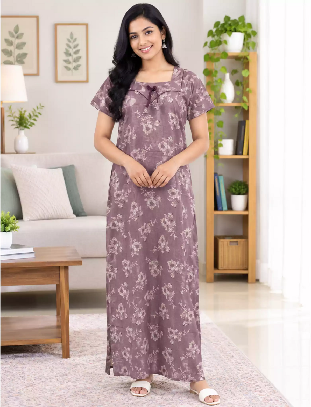 Women Floral Printed Cotton Zipless Front Lace Nighty | Mangai Nighties