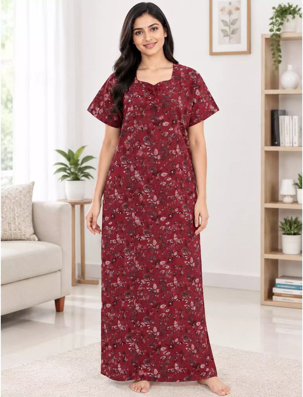 Women Floral Printed Cotton Zipless Front Lace Nighty | Mangai Nighties