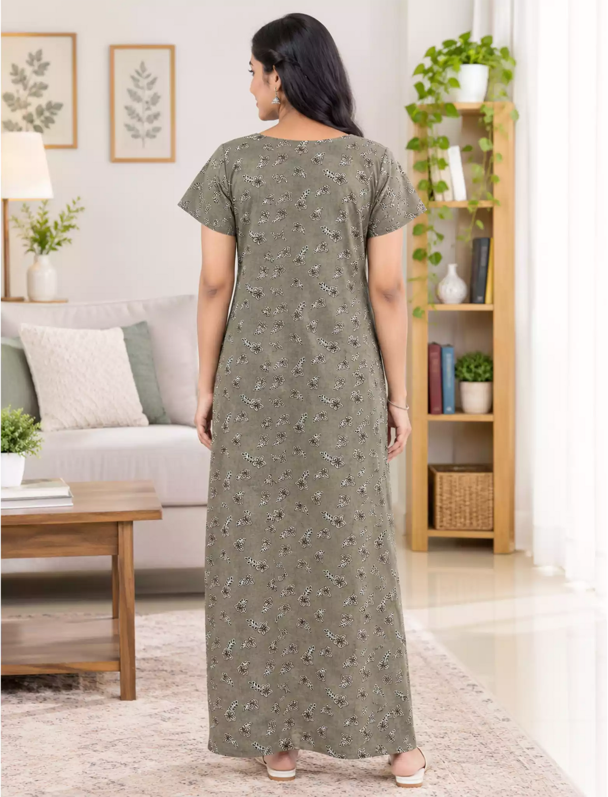 Cotton Floral Printed Front Zip Pleated Nighty with Side Pocket | Mangai Nighties