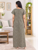 Cotton Floral Printed Front Zip Pleated Nighty with Side Pocket | Mangai Nighties