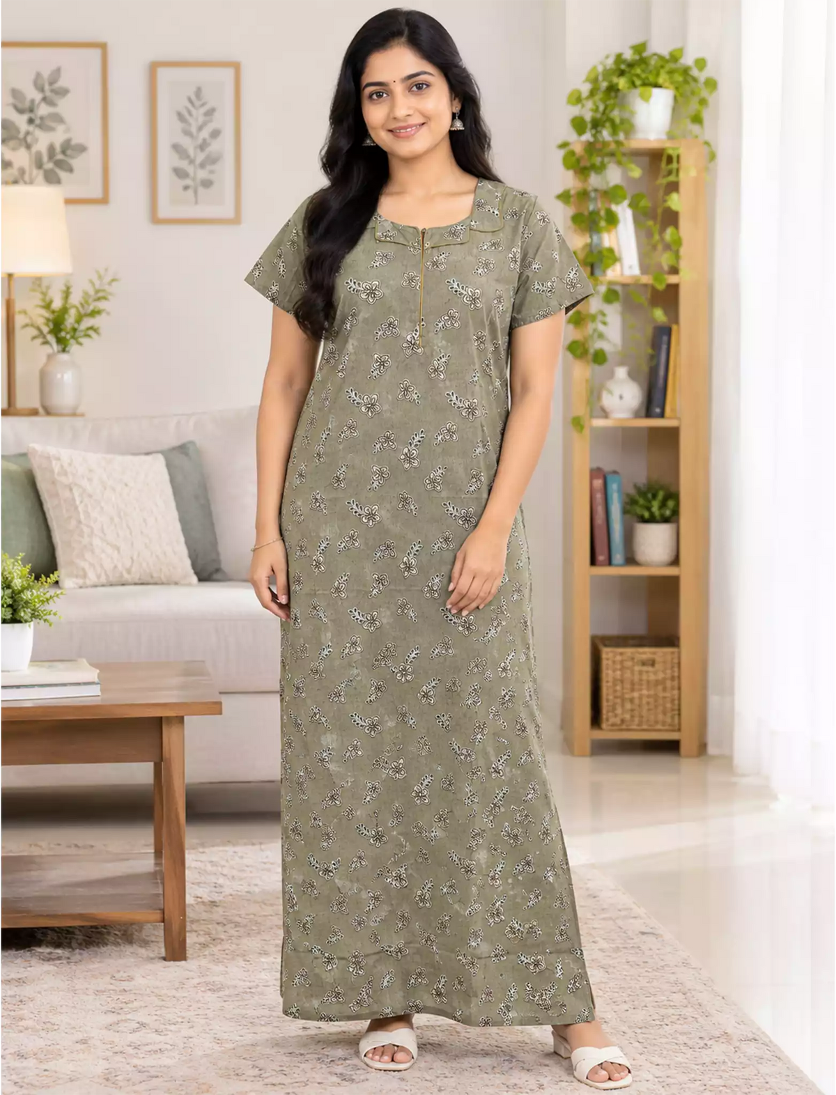 Cotton Floral Printed Front Zip Pleated Nighty with Side Pocket | Mangai Nighties