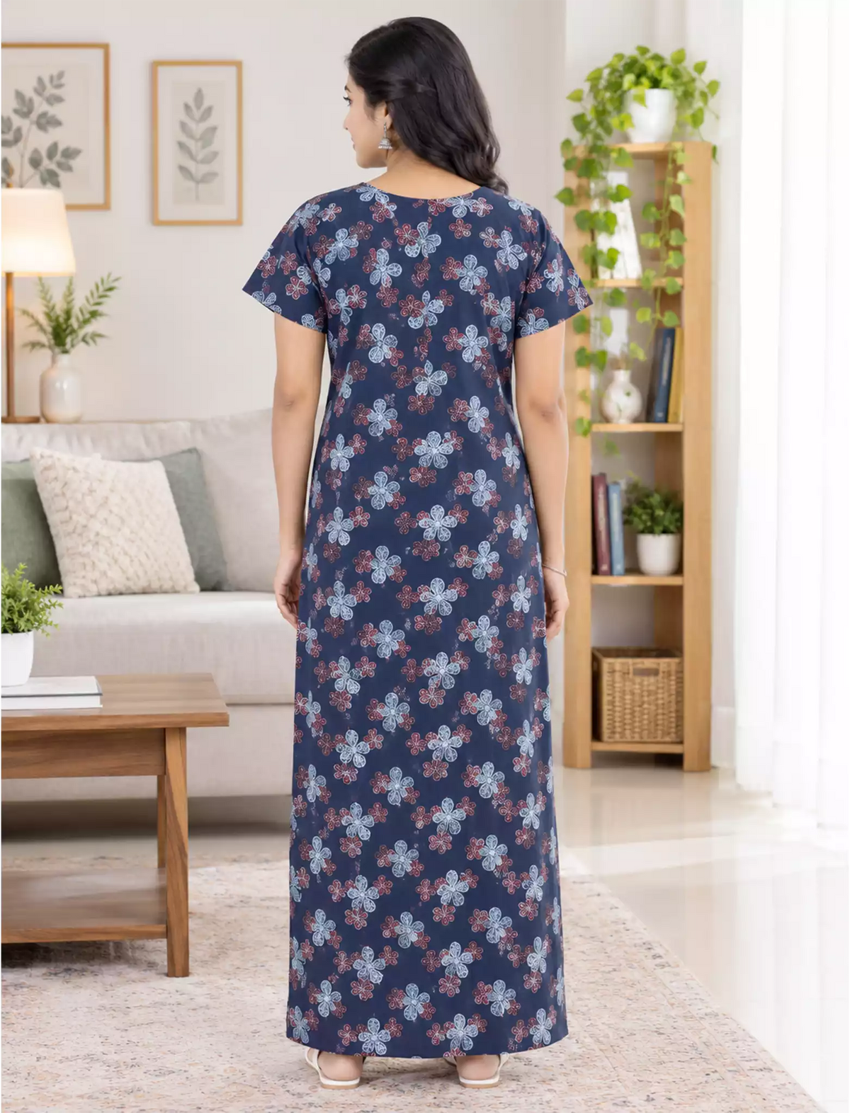 Women Floral Printed Cotton Front Zip Pleated Nighty with Side Pocket | Mangai Nighties