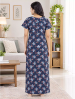 Women Floral Printed Cotton Front Zip Pleated Nighty with Side Pocket | Mangai Nighties