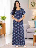 Women Floral Printed Cotton Front Zip Pleated Nighty with Side Pocket | Mangai Nighties