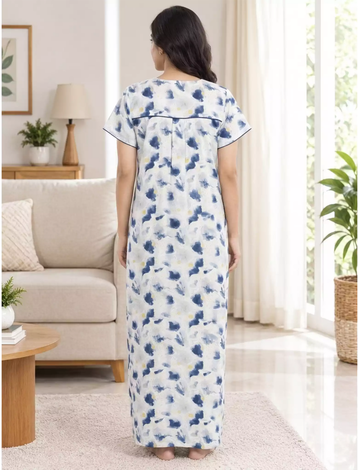 Women Abstract Printed Cotton Zipless Front Lace Nighty | Mangai Nighties