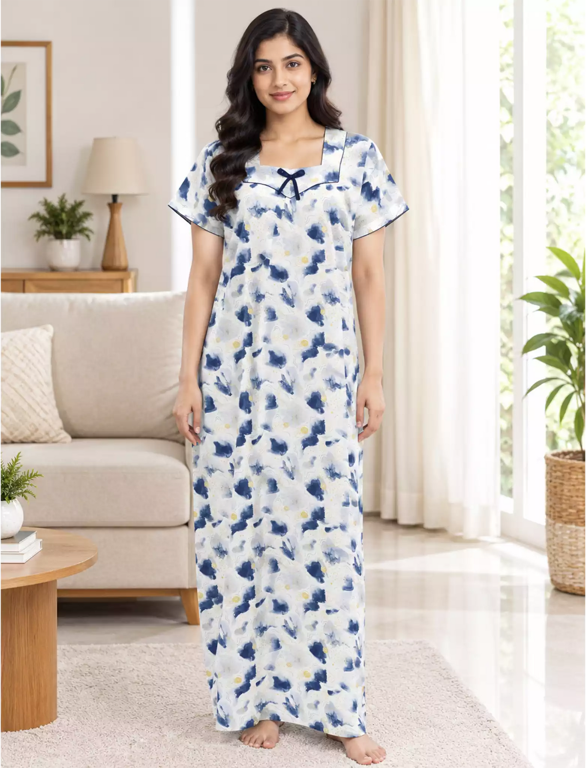 Women Abstract Printed Cotton Zipless Front Lace Nighty | Mangai Nighties