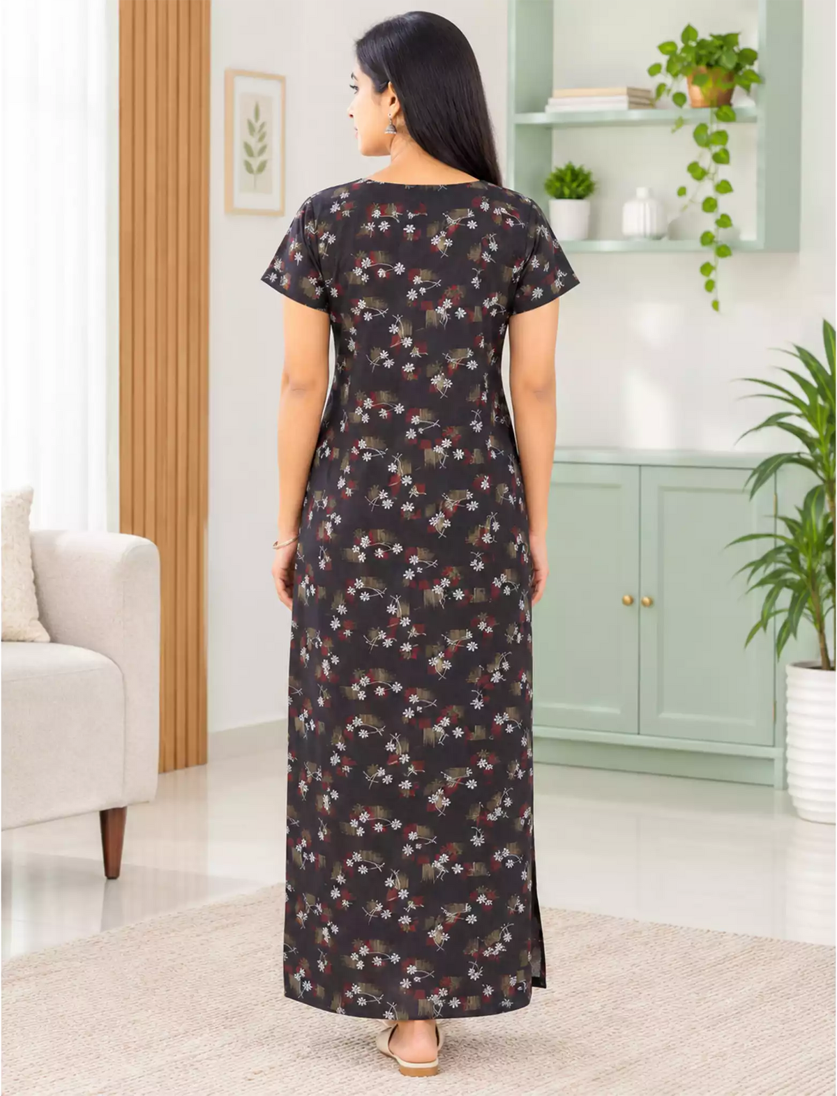 Cotton Floral Printed Cotton Front Zip Pleated Daily Wear Nighty | Mangai Nighties