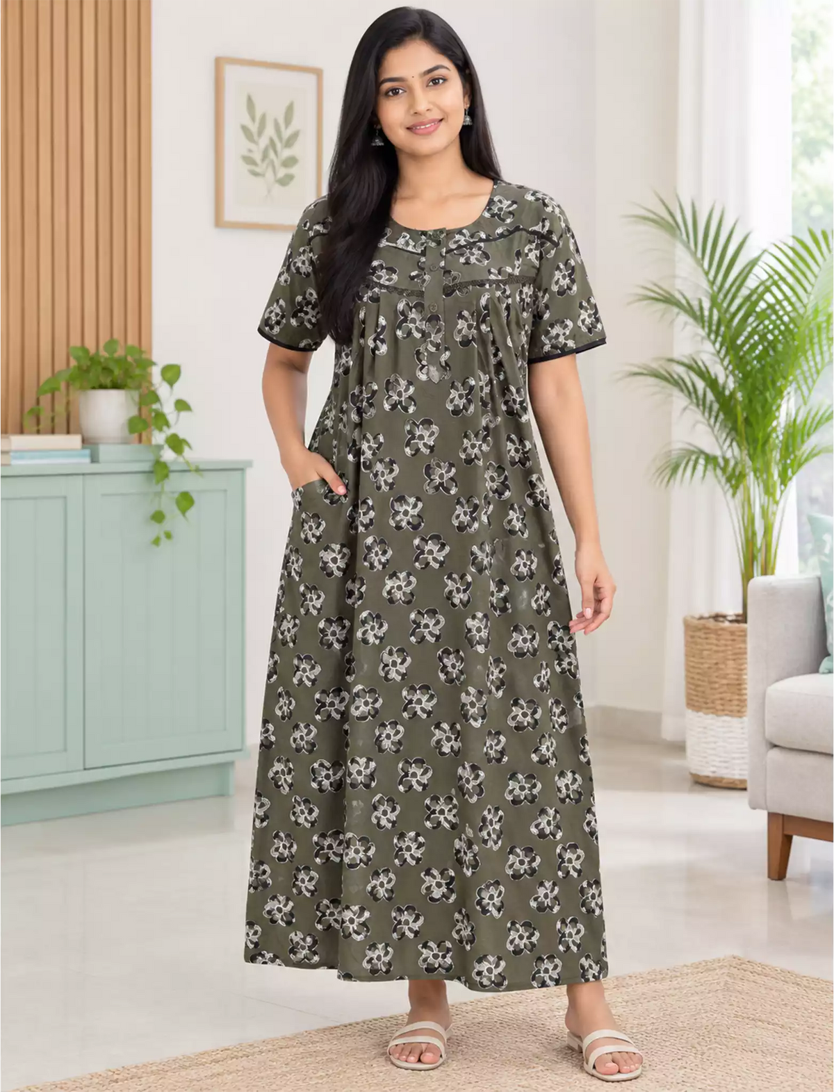Women Floral Printed Soft Cotton Front Button Nighty | Mangai Nighties