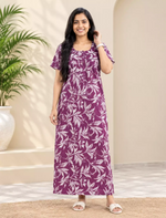 Women Leaf Printed Cotton Zipless Pleated Nighty with Pocket | Mangai Nighties