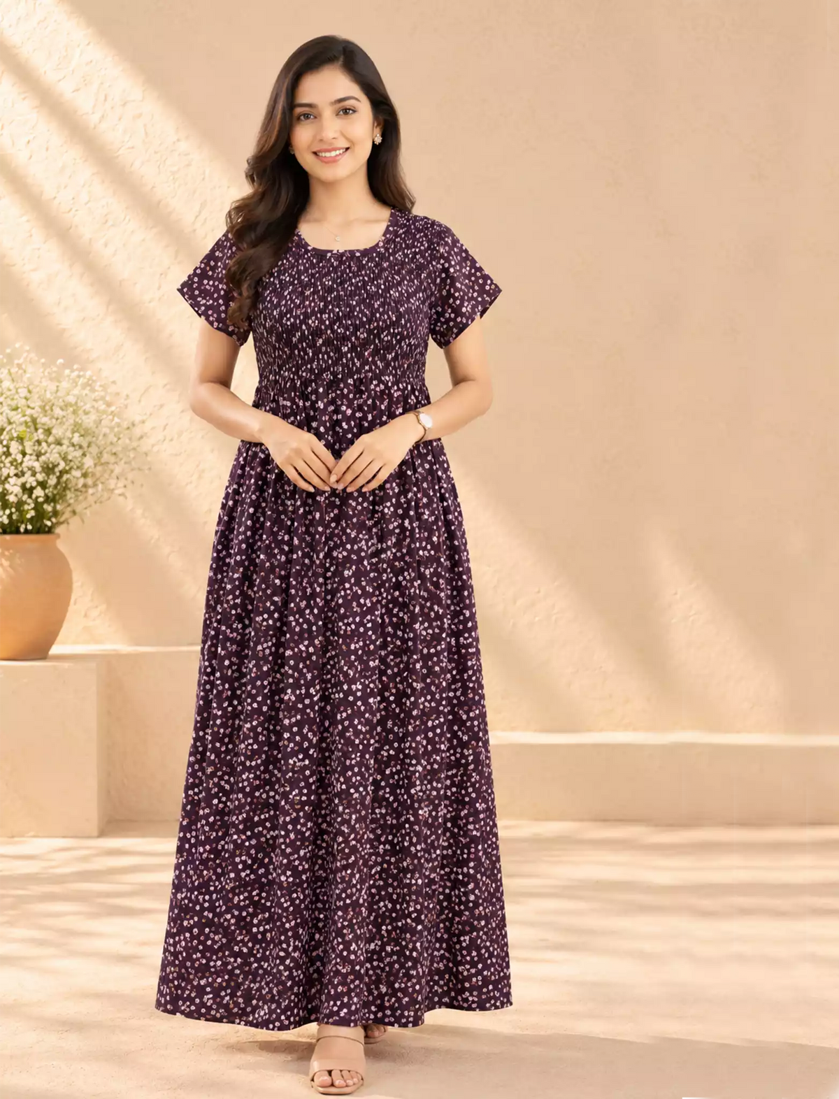 Alpine Floral Printed Smocking Nighty with Pocket – Mangai Nighties