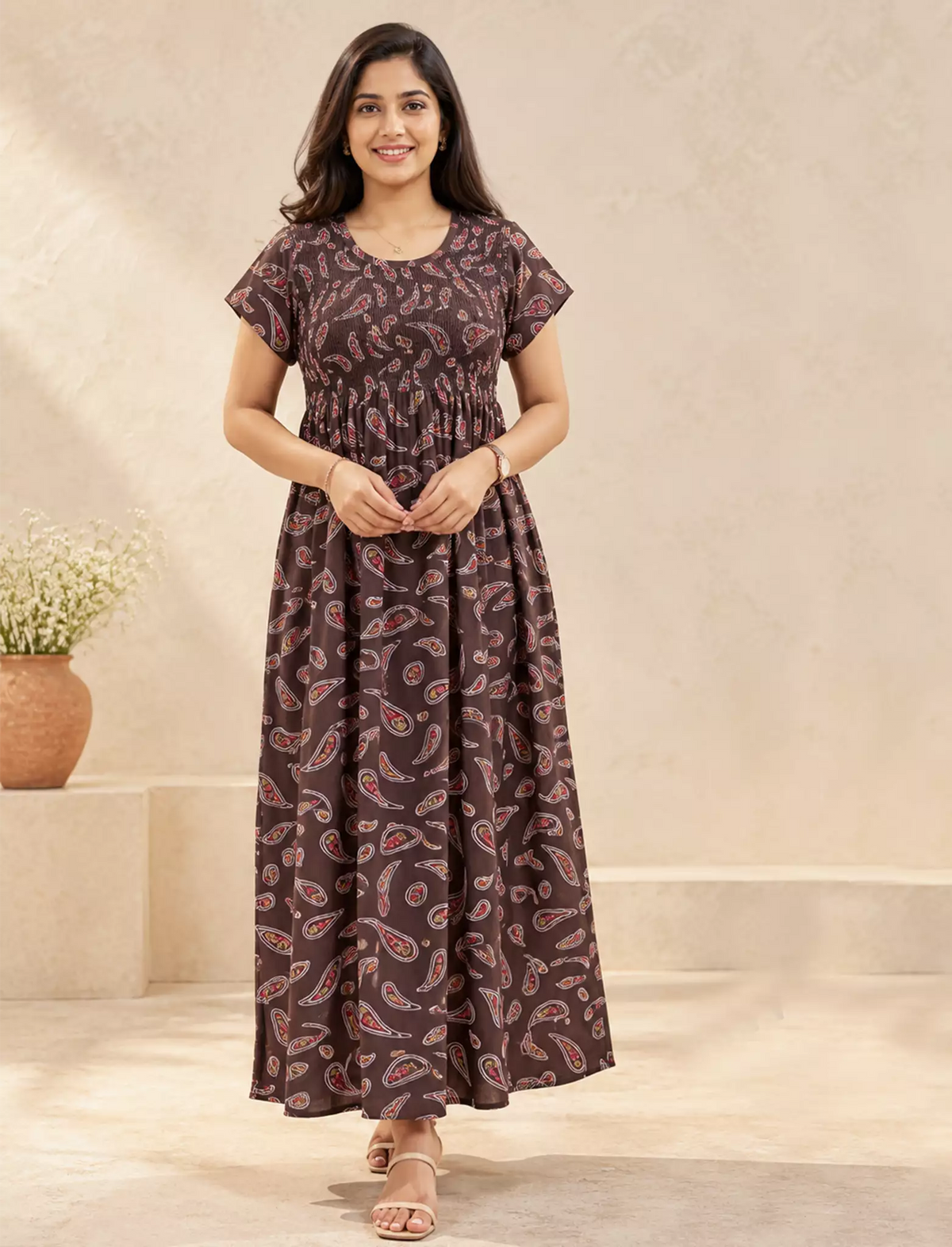 Alpine Paisley Print Smocking Nightgown with Round Neck- Mangai Nighties